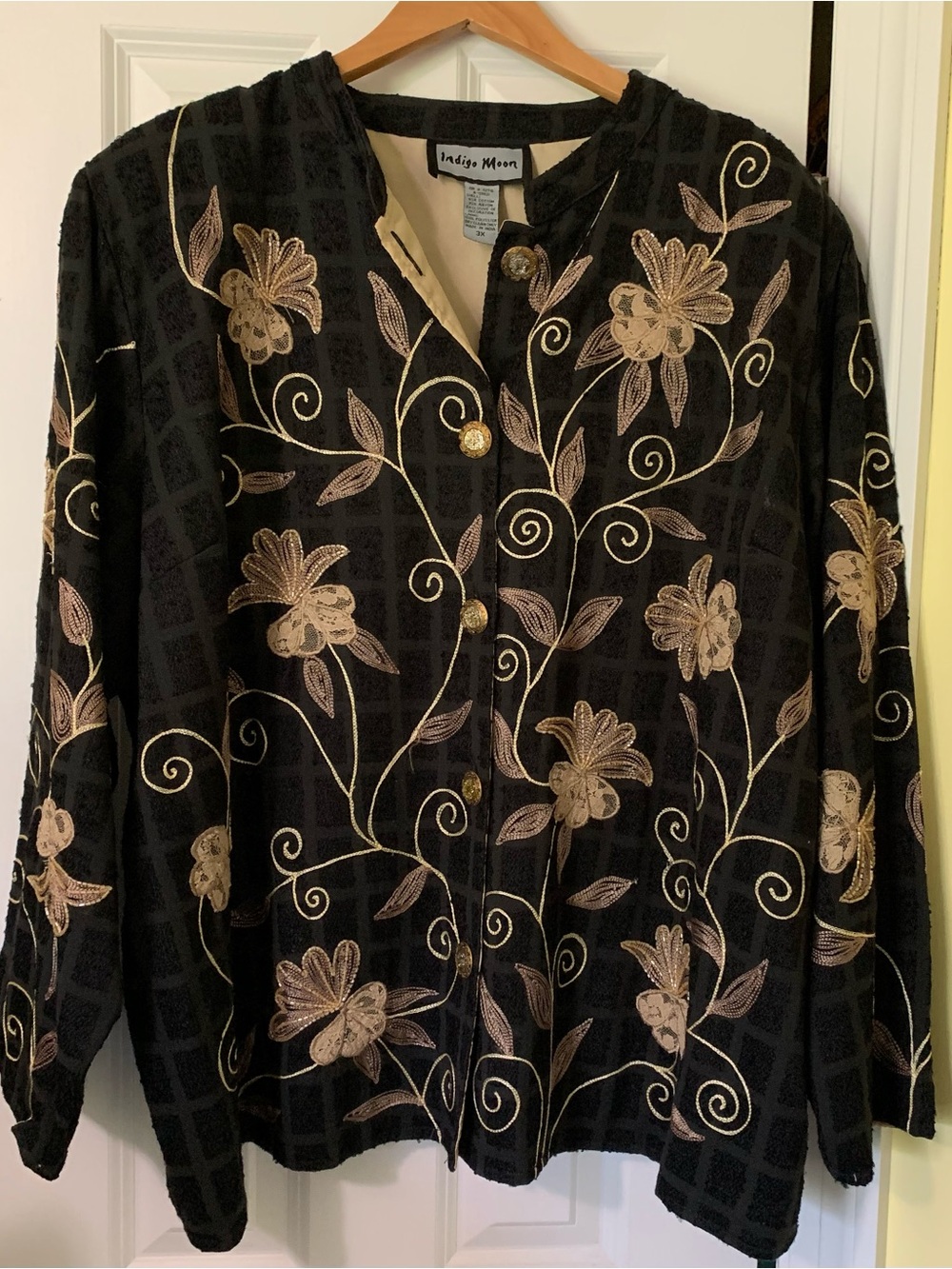Artsy Lace Bead Indigo Moon Black Tan Jacket Funky Embroidered Floral Lagenlook